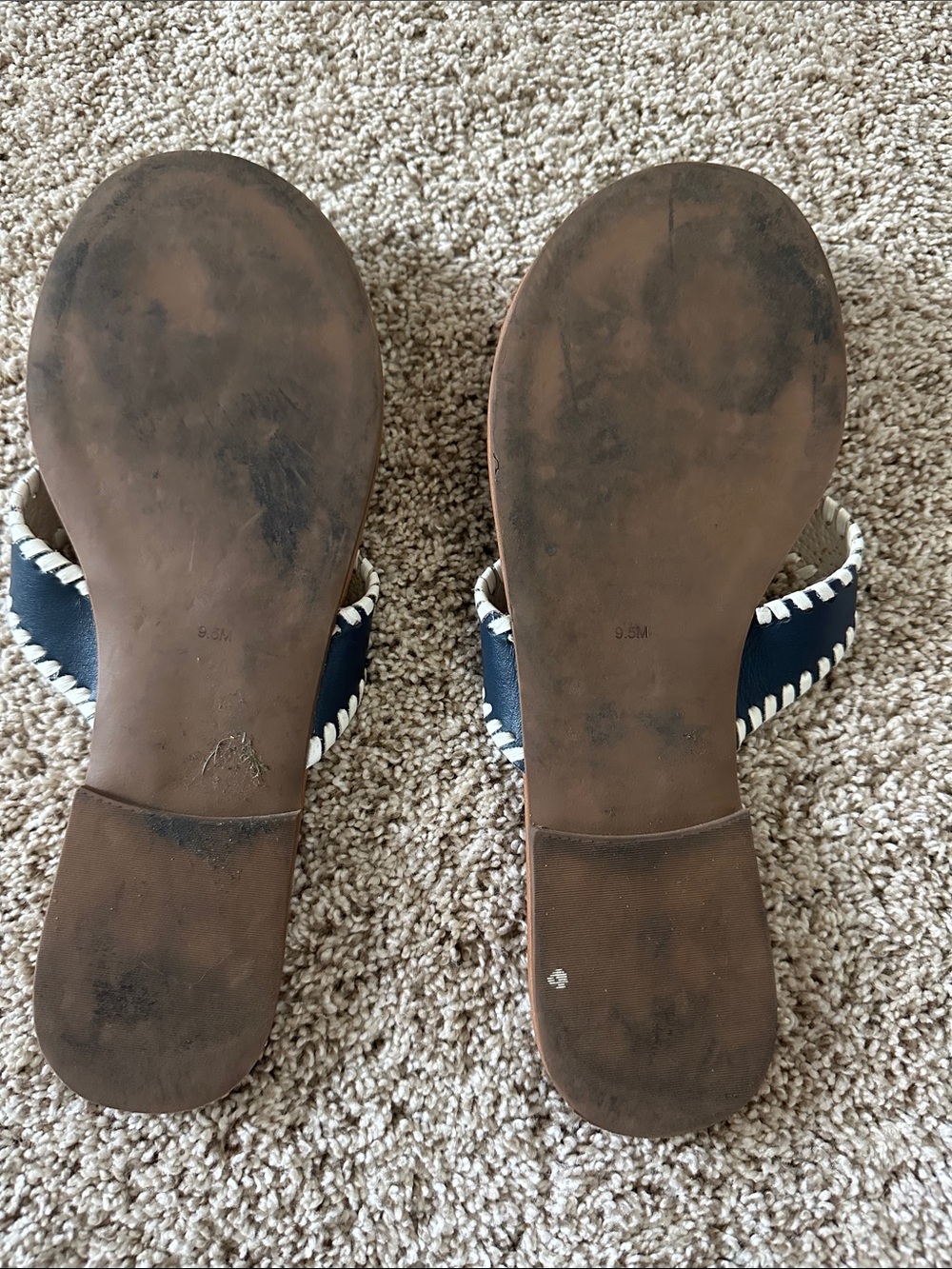 Jack Rogers Navy and Tan Whipstitch Thong Sandals with Cream Stitching - Picture 2 of 2